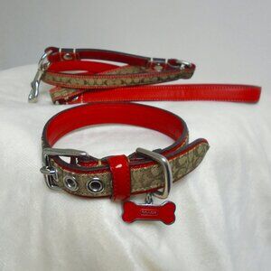 COACH RED LEATHER BROWN JACQUARD SIGNATURE C DOG COLLAR LEASH SET 60364 SMALL